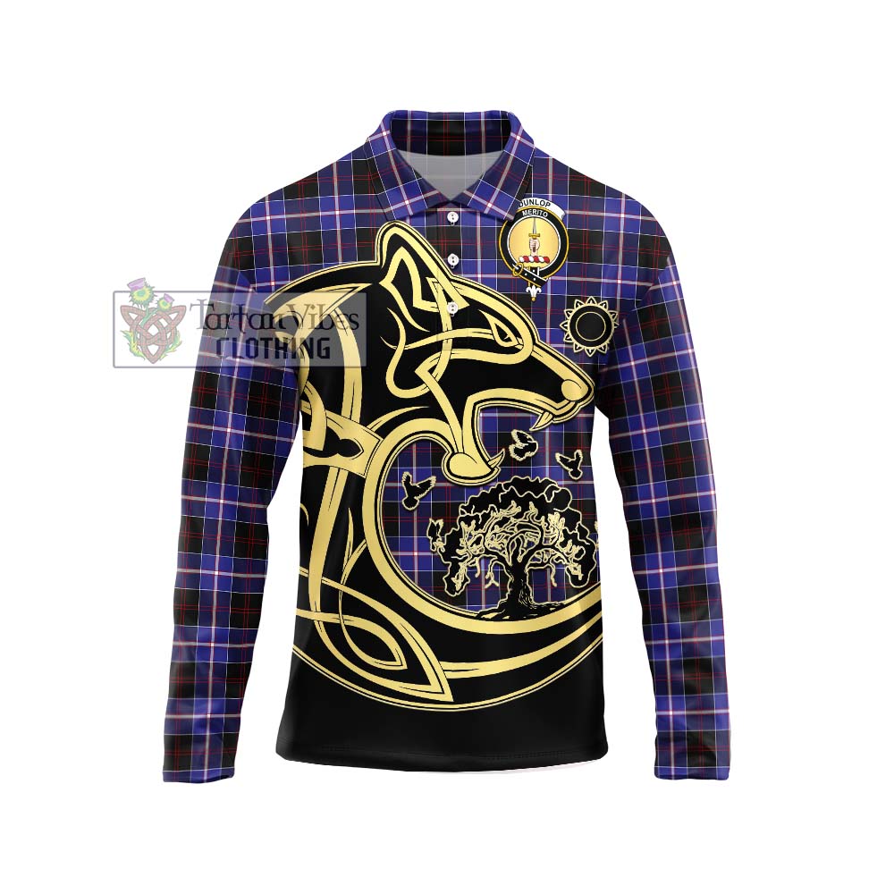 Tartan Vibes Clothing Dunlop Modern Tartan Long Sleeve Polo Shirt with Family Crest Celtic Wolf Style