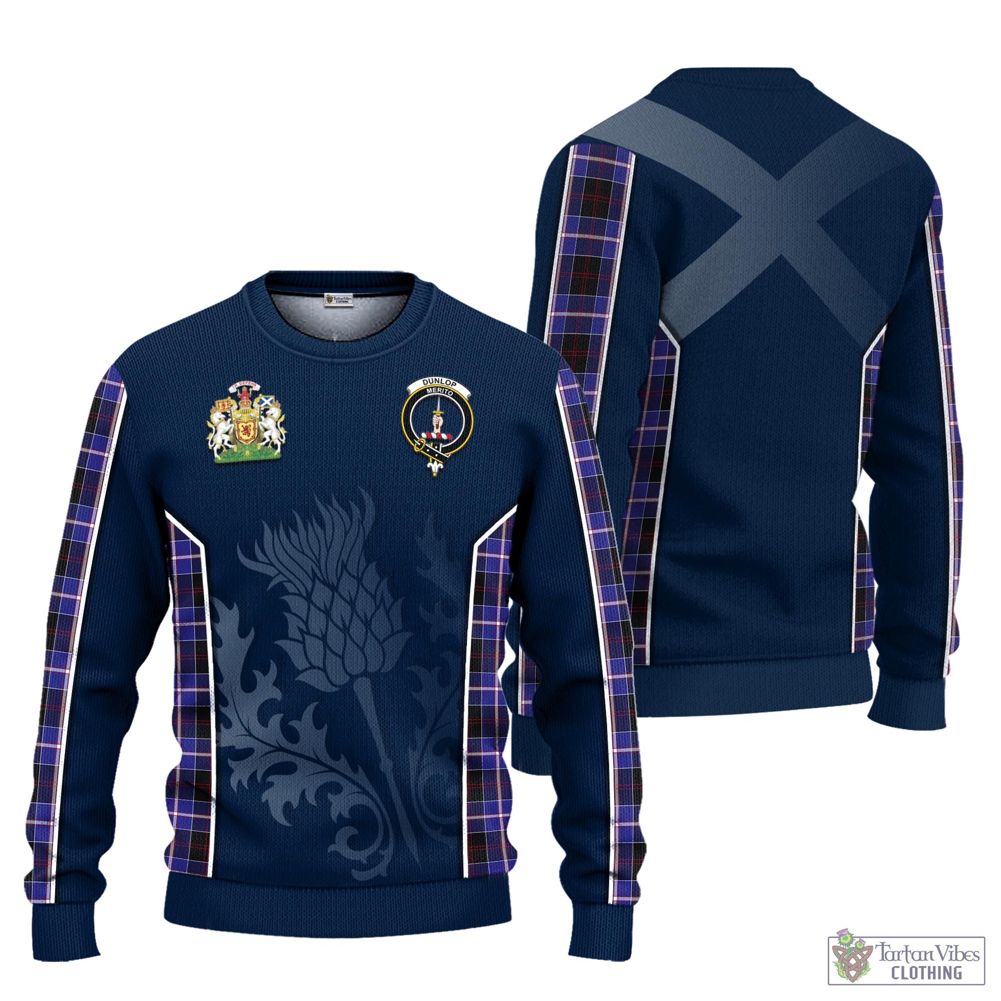 Tartan Vibes Clothing Dunlop Modern Tartan Knitted Sweatshirt with Family Crest and Scottish Thistle Vibes Sport Style