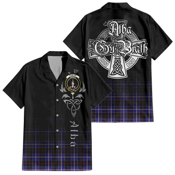 Dunlop Modern Tartan Short Sleeve Button Up Featuring Alba Gu Brath Family Crest Celtic Inspired