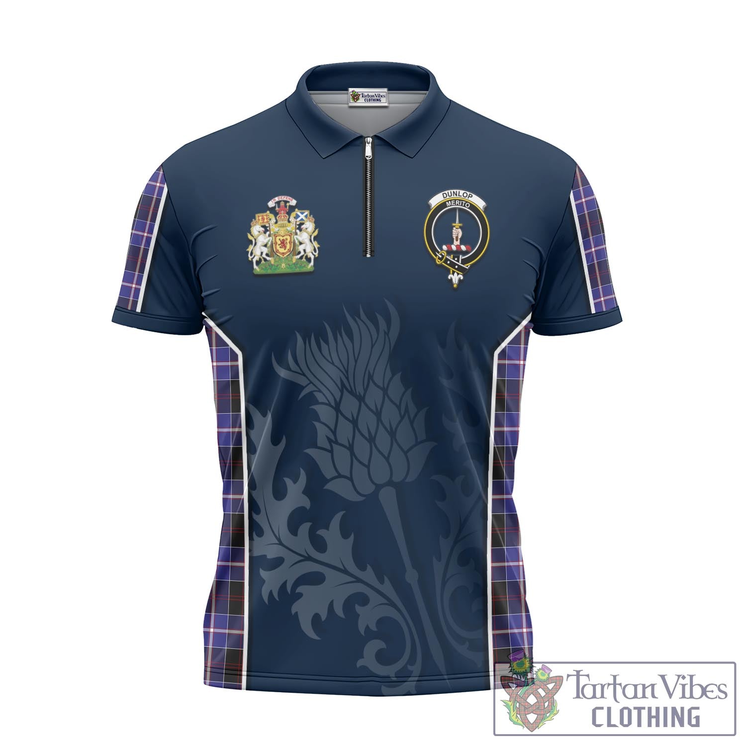 Tartan Vibes Clothing Dunlop Modern Tartan Zipper Polo Shirt with Family Crest and Scottish Thistle Vibes Sport Style