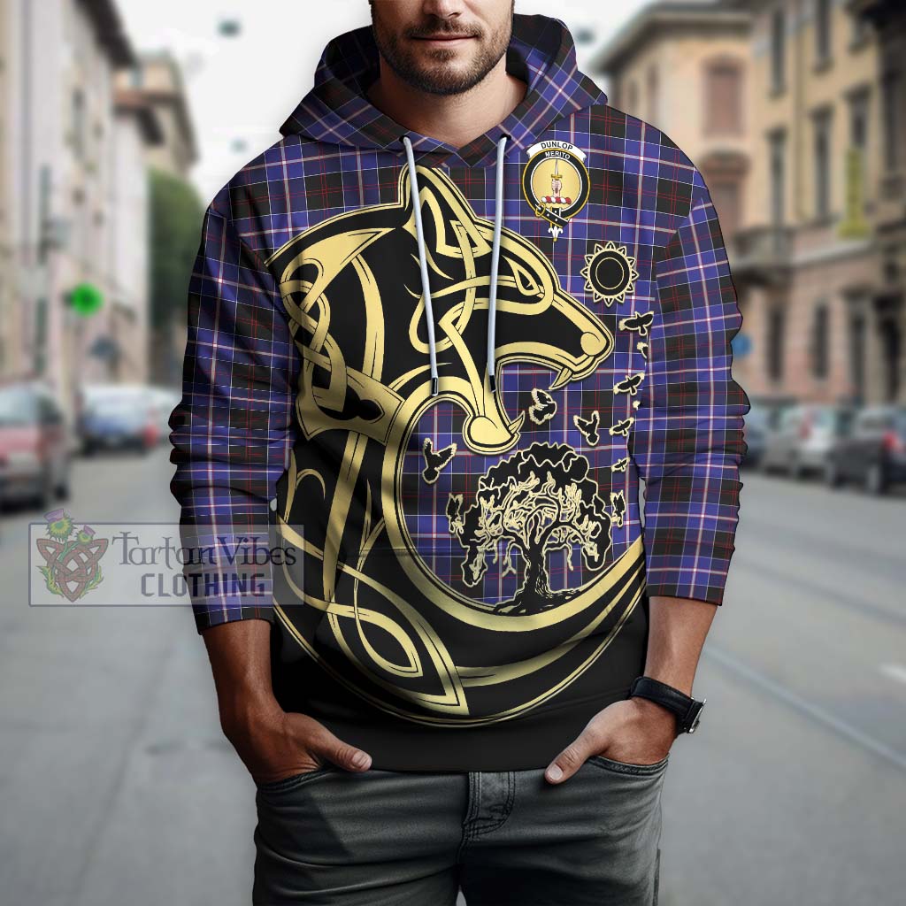 Tartan Vibes Clothing Dunlop Modern Tartan Hoodie with Family Crest Celtic Wolf Style