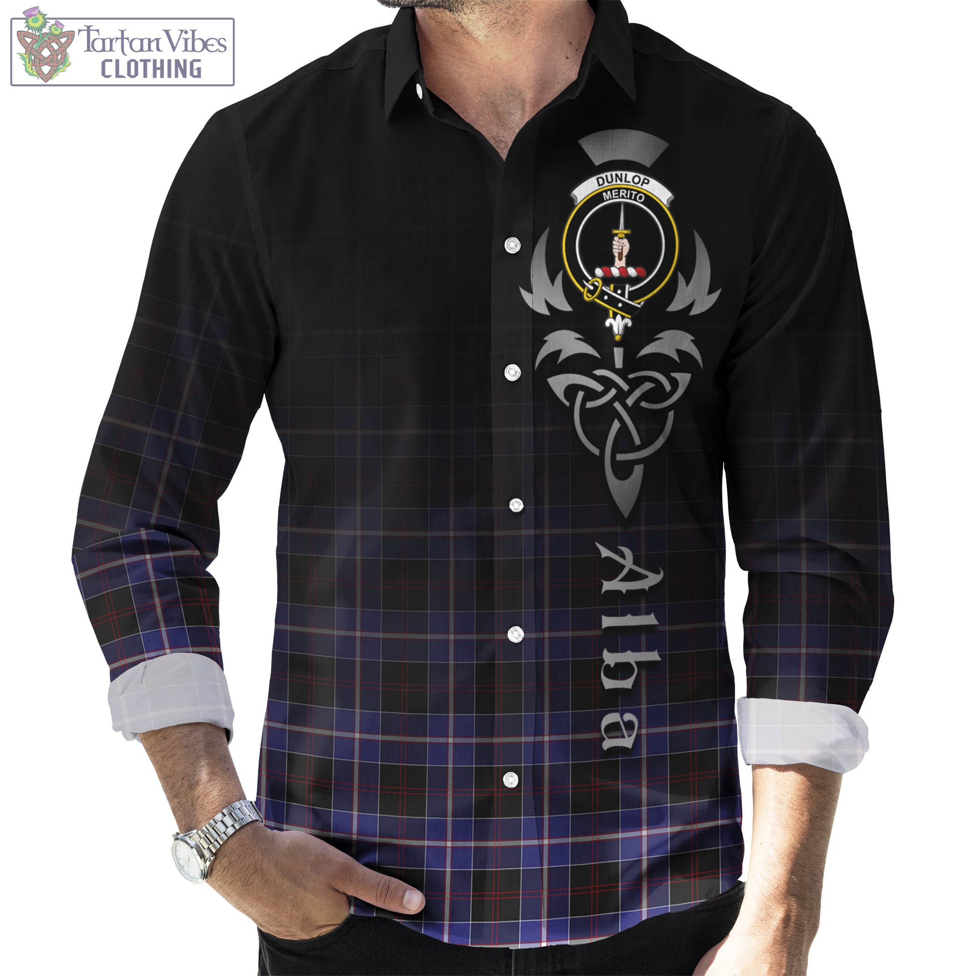 Tartan Vibes Clothing Dunlop Modern Tartan Long Sleeve Button Up Featuring Alba Gu Brath Family Crest Celtic Inspired