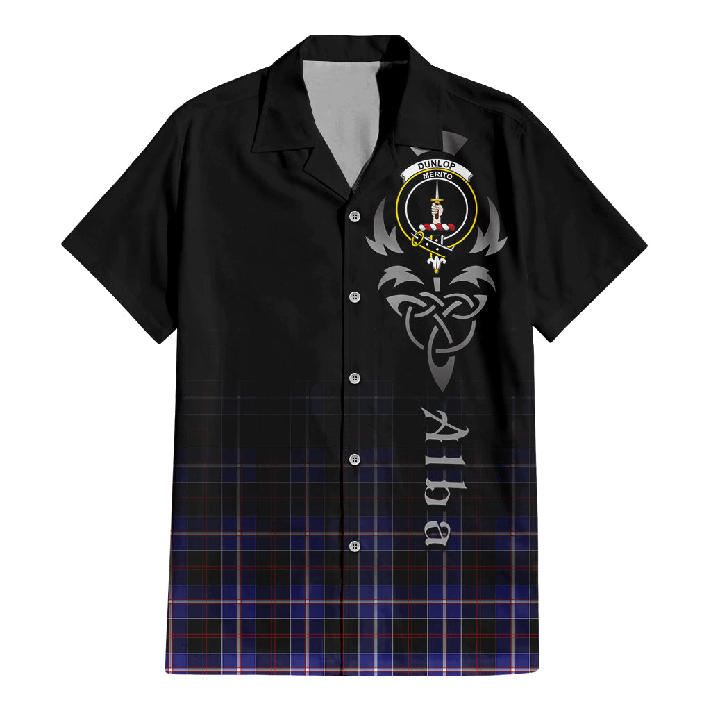 Tartan Vibes Clothing Dunlop Modern Tartan Short Sleeve Button Up Featuring Alba Gu Brath Family Crest Celtic Inspired