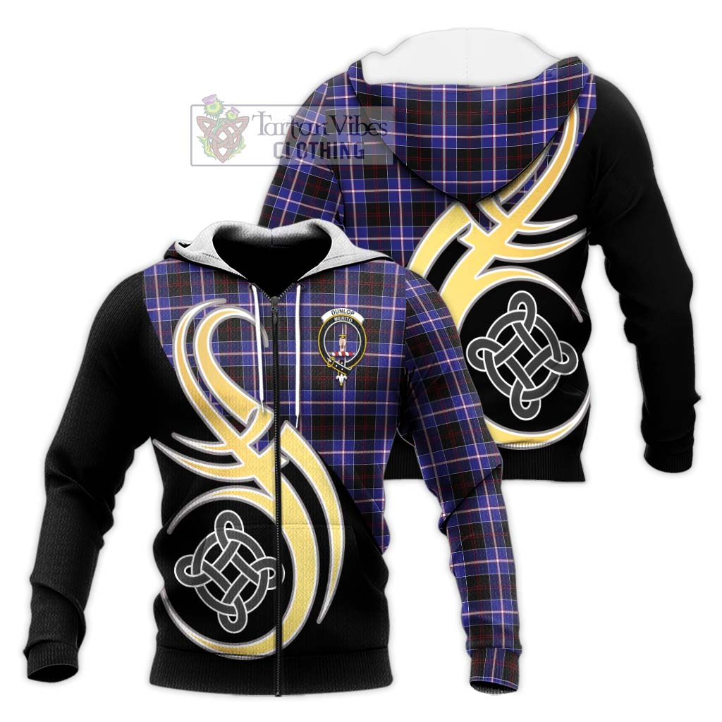 Tartan Vibes Clothing Dunlop Modern Tartan Knitted Hoodie with Family Crest and Celtic Symbol Style