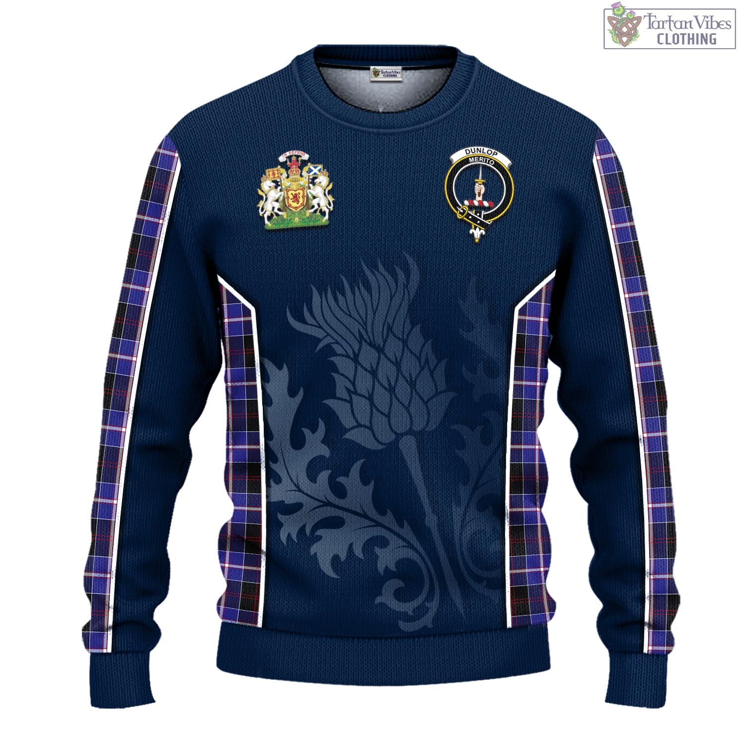 Tartan Vibes Clothing Dunlop Modern Tartan Knitted Sweatshirt with Family Crest and Scottish Thistle Vibes Sport Style