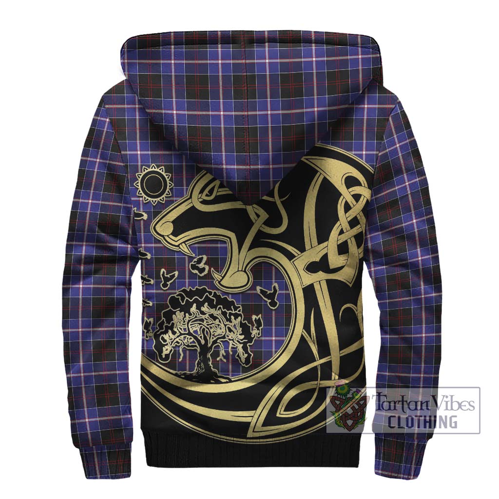Tartan Vibes Clothing Dunlop Modern Tartan Sherpa Hoodie with Family Crest Celtic Wolf Style