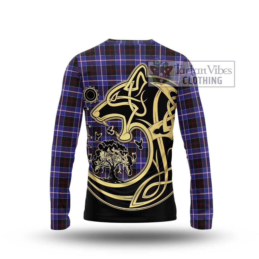 Tartan Vibes Clothing Dunlop Modern Tartan Long Sleeve T-Shirt with Family Crest Celtic Wolf Style