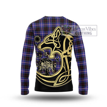 Dunlop Modern Tartan Long Sleeve T-Shirt with Family Crest Celtic Wolf Style