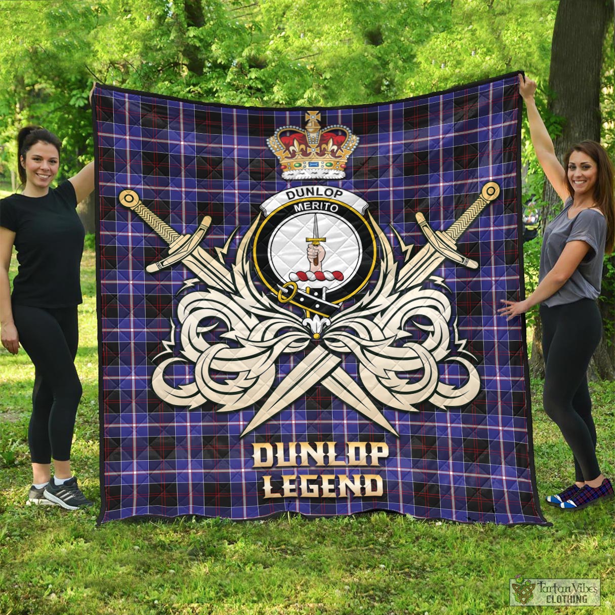 Tartan Vibes Clothing Dunlop Modern Tartan Quilt with Clan Crest and the Golden Sword of Courageous Legacy