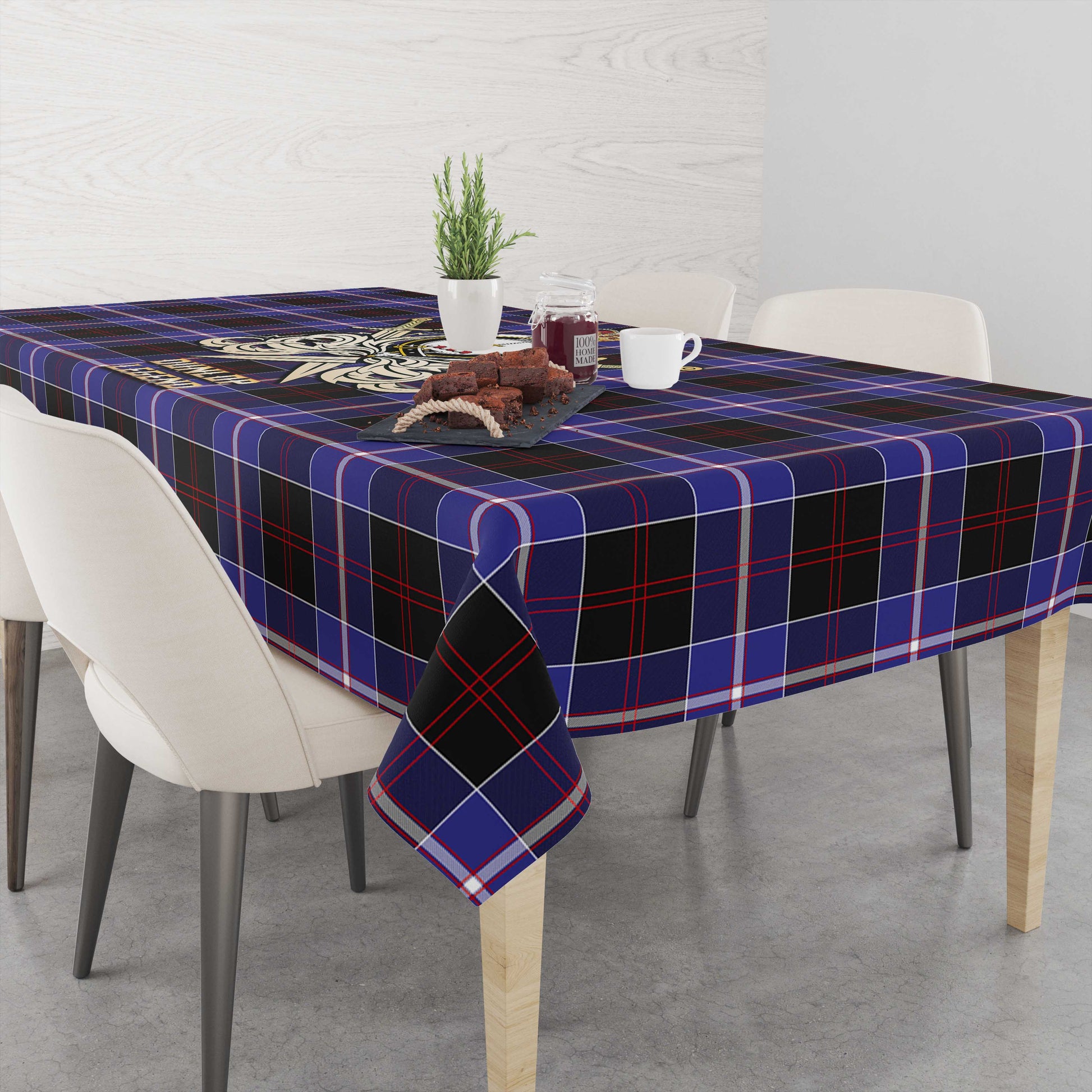 Tartan Vibes Clothing Dunlop Modern Tartan Tablecloth with Clan Crest and the Golden Sword of Courageous Legacy