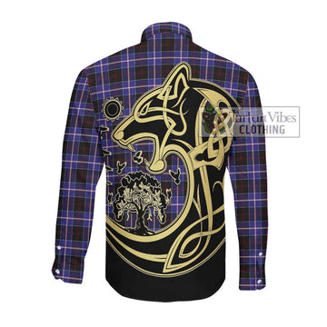 Dunlop Modern Tartan Long Sleeve Button Shirt with Family Crest Celtic Wolf Style