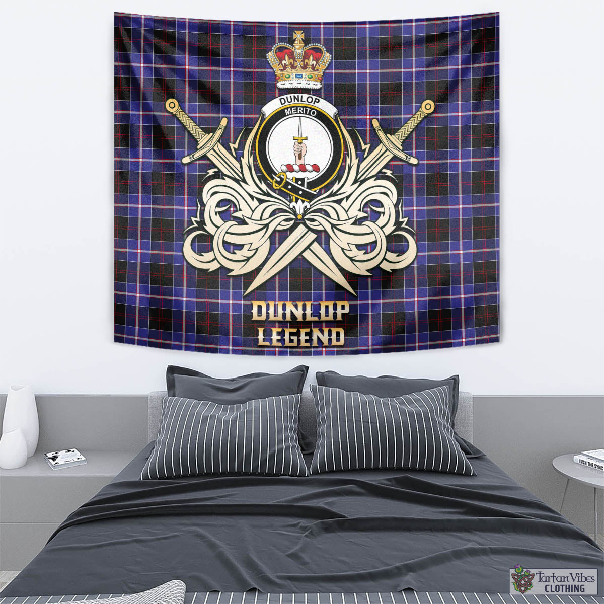 Tartan Vibes Clothing Dunlop Modern Tartan Tapestry with Clan Crest and the Golden Sword of Courageous Legacy