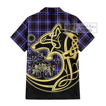 Dunlop Modern Tartan Short Sleeve Button Shirt with Family Crest Celtic Wolf Style