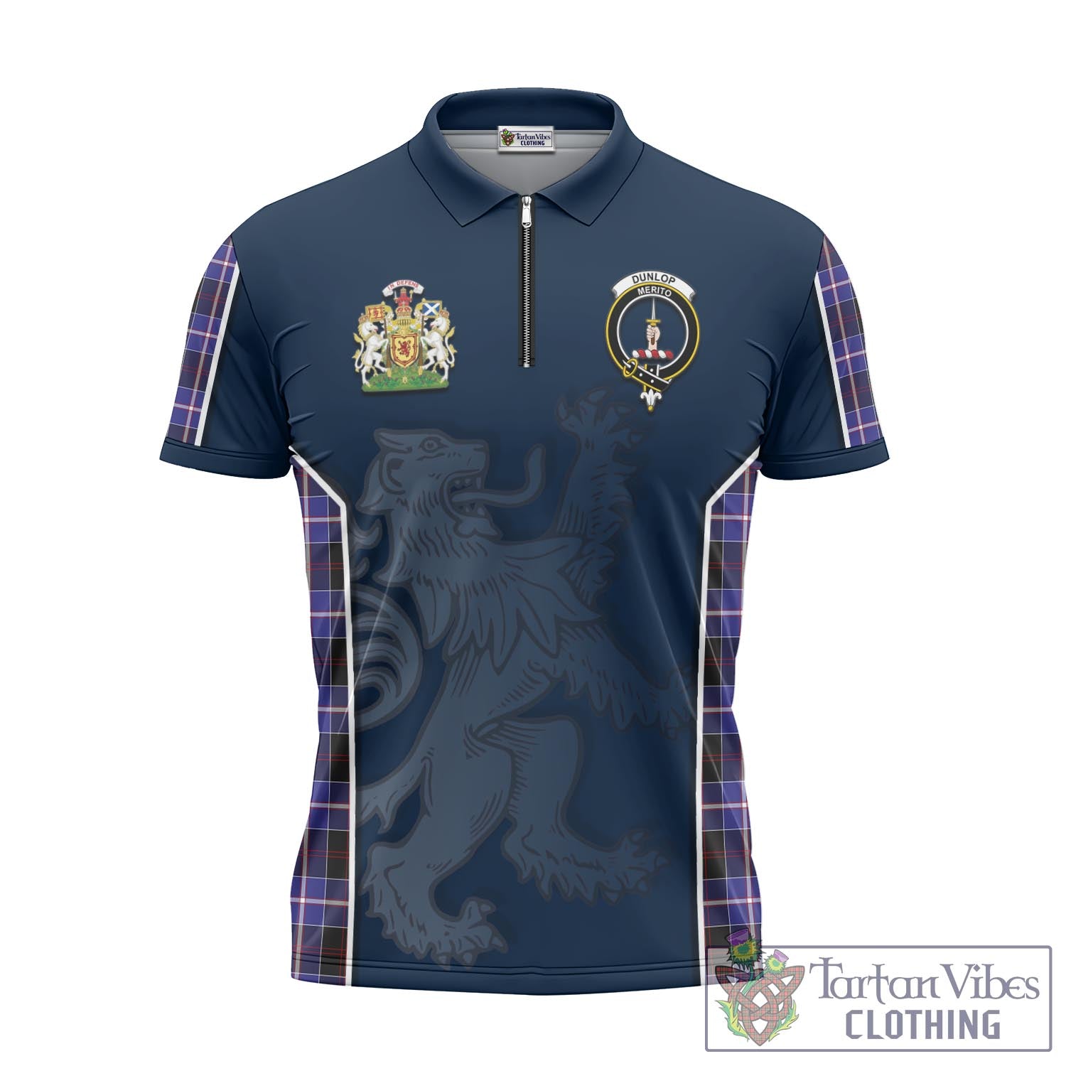 Tartan Vibes Clothing Dunlop Modern Tartan Zipper Polo Shirt with Family Crest and Lion Rampant Vibes Sport Style