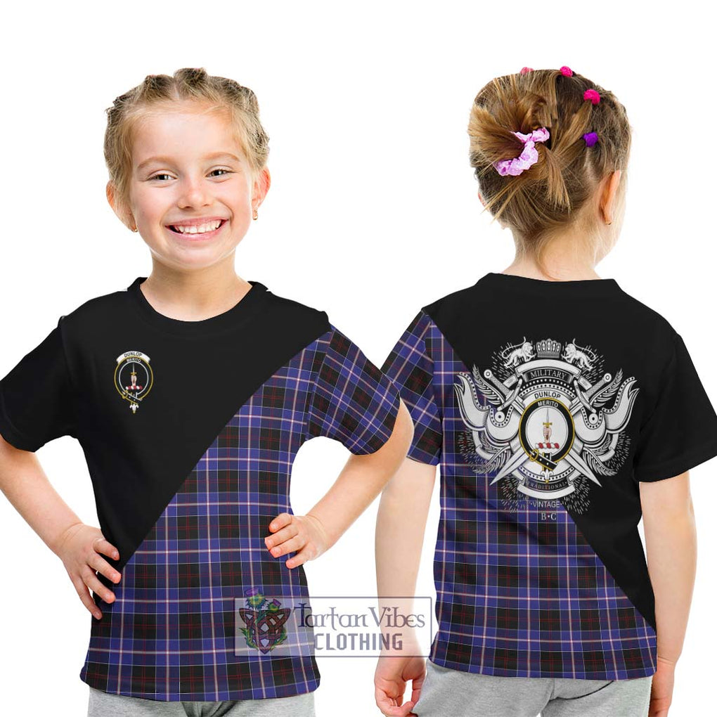 Dunlop Modern Tartan Kid T-Shirt with Family Crest and Military Logo Style - Tartanvibesclothing Shop