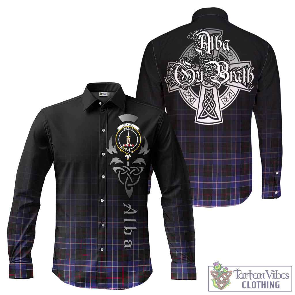 Tartan Vibes Clothing Dunlop Modern Tartan Long Sleeve Button Up Featuring Alba Gu Brath Family Crest Celtic Inspired