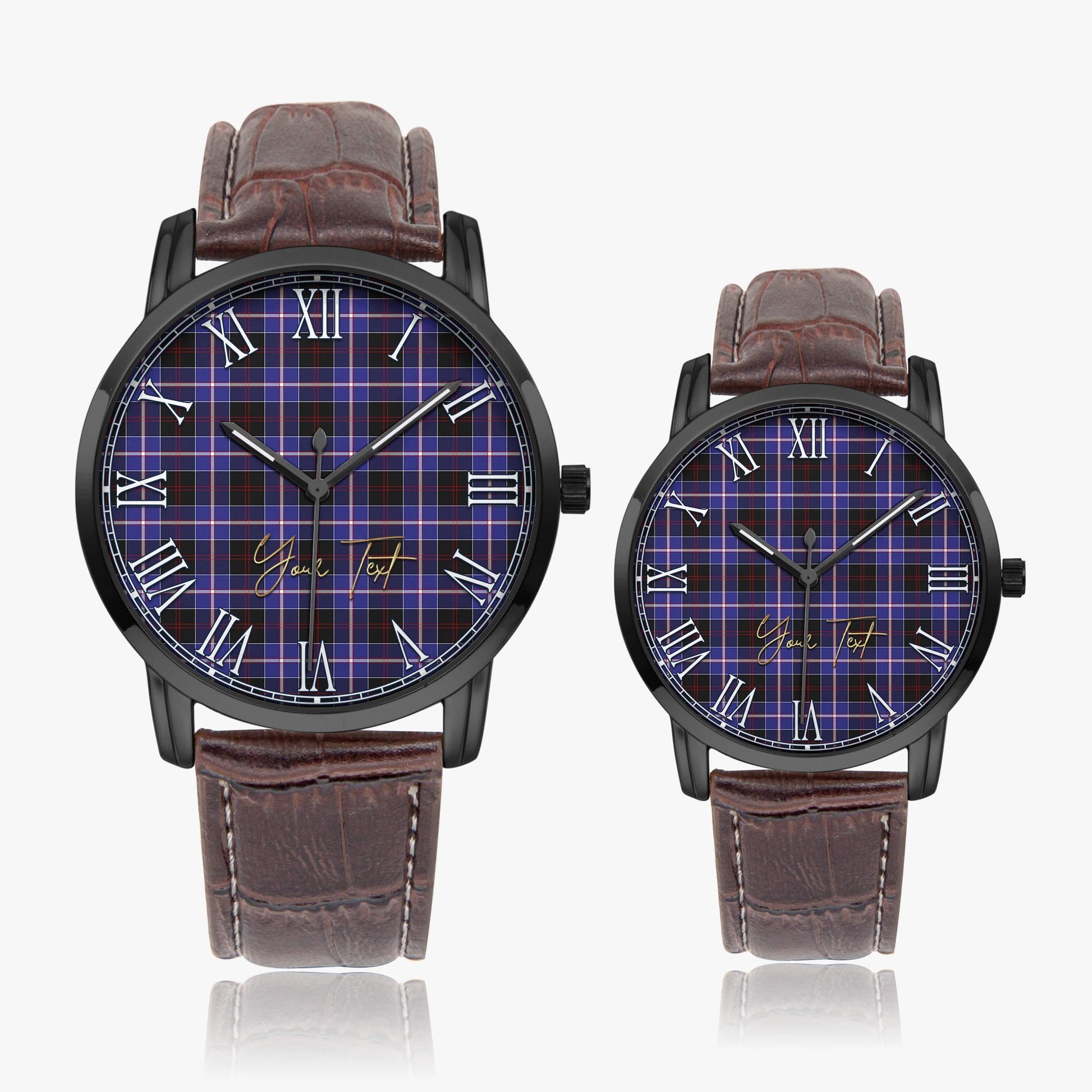 Dunlop Modern Tartan Personalized Your Text Leather Trap Quartz Watch Wide Type Black Case With Brown Leather Strap - Tartanvibesclothing