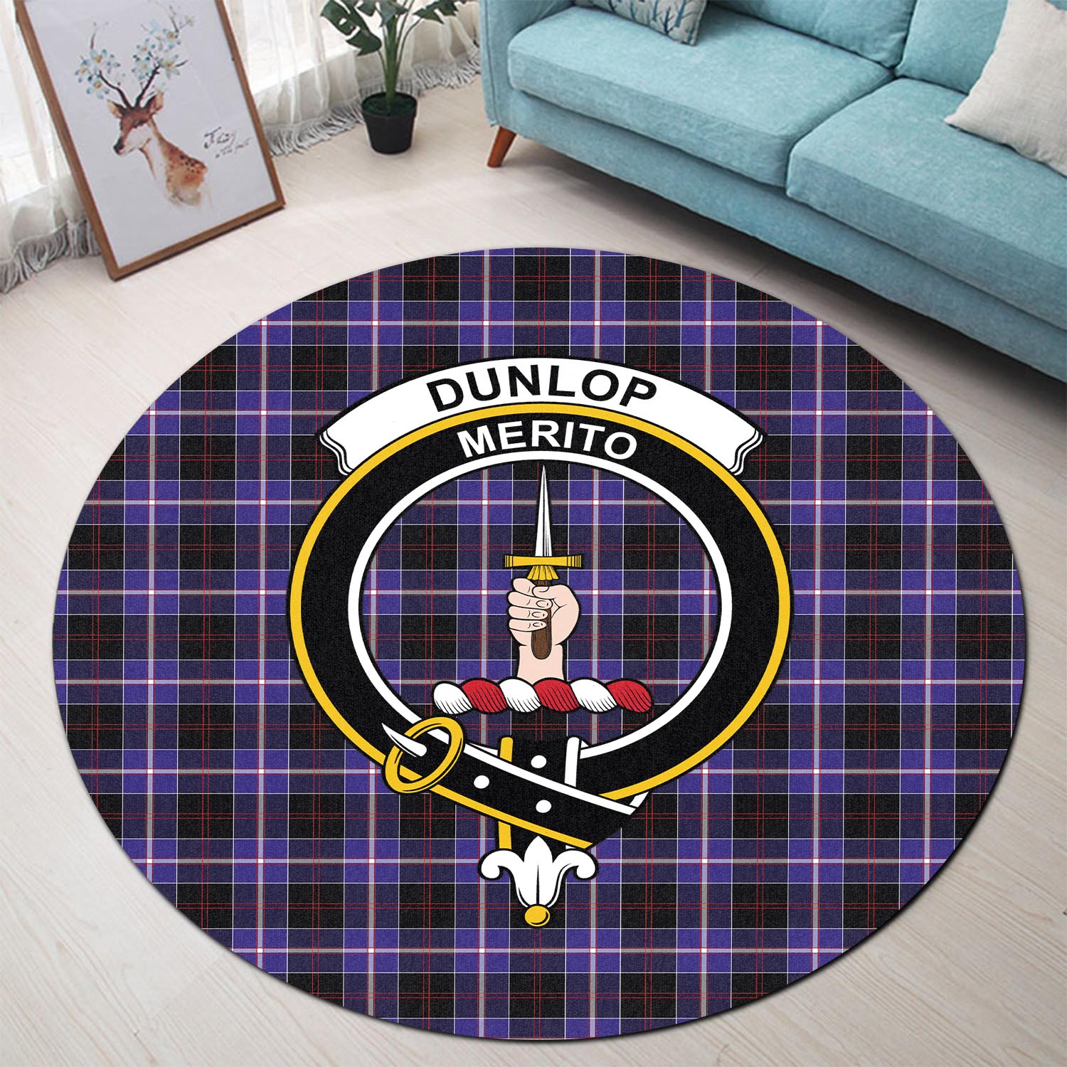 Dunlop Modern Tartan Round Rug with Family Crest - Tartanvibesclothing