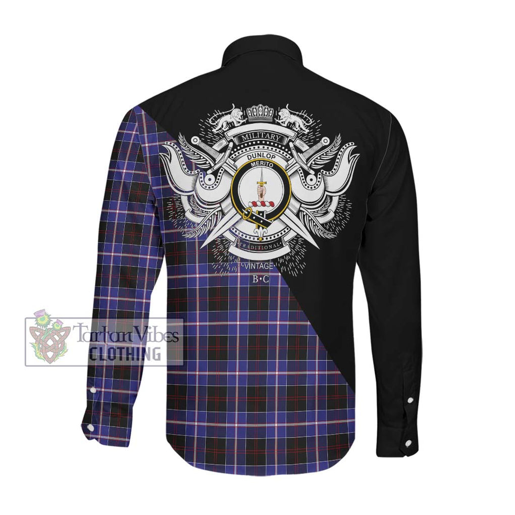 Dunlop Modern Tartan Long Sleeve Button Shirt with Family Crest and Military Logo Style Men's Shirt - Tartanvibesclothing Shop