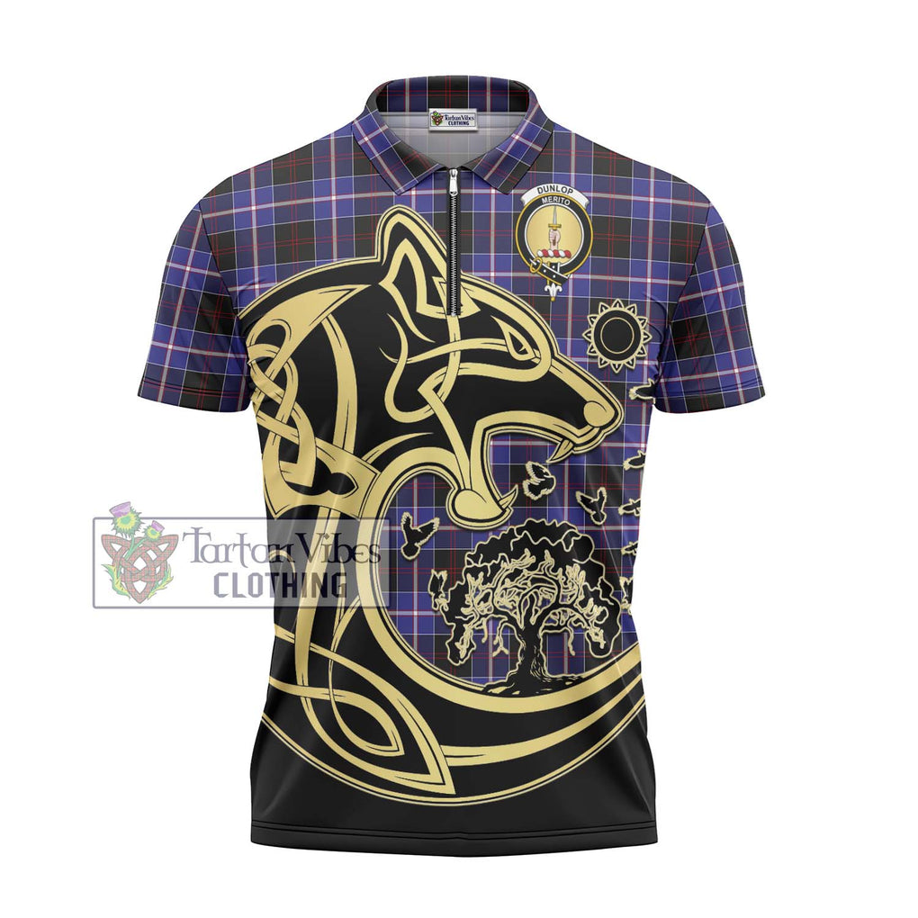 Dunlop Modern Tartan Zipper Polo Shirt with Family Crest Celtic Wolf Style - Tartanvibesclothing Shop