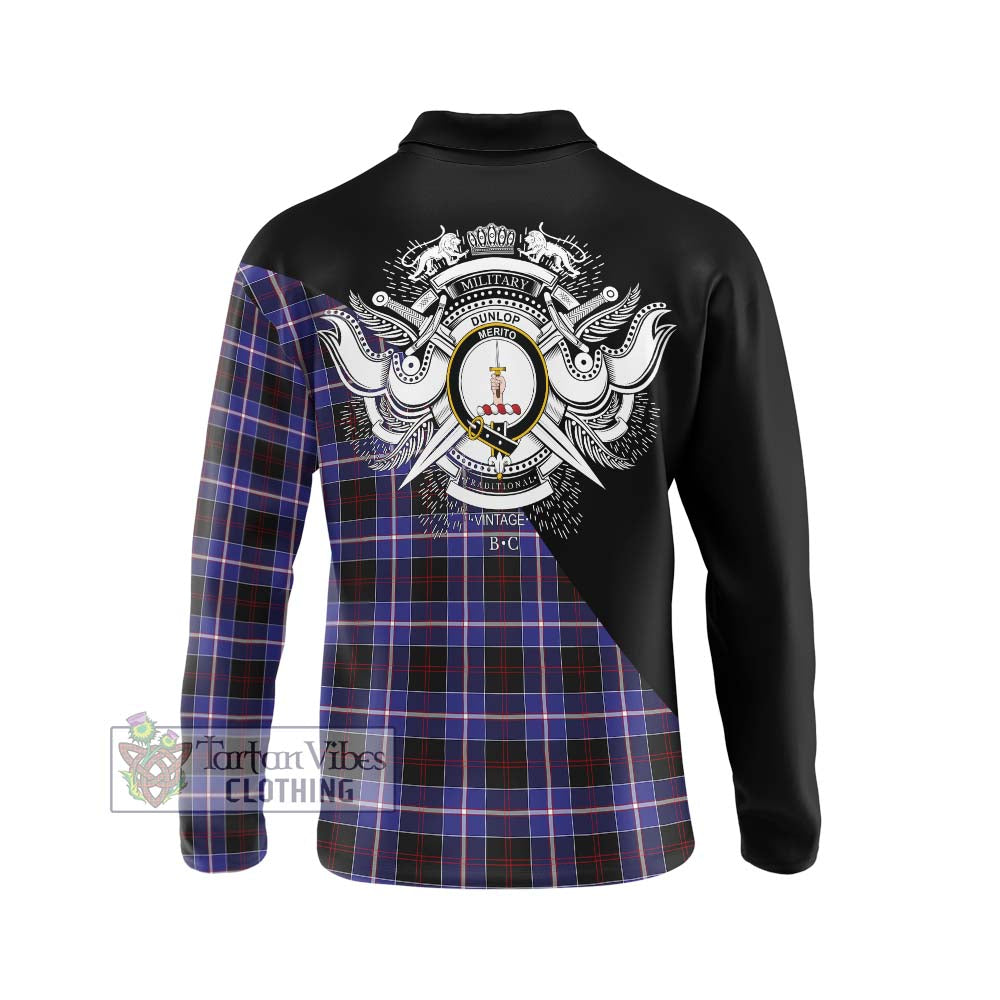 Dunlop Modern Tartan Long Sleeve Polo Shirt with Family Crest and Military Logo Style - Tartanvibesclothing Shop