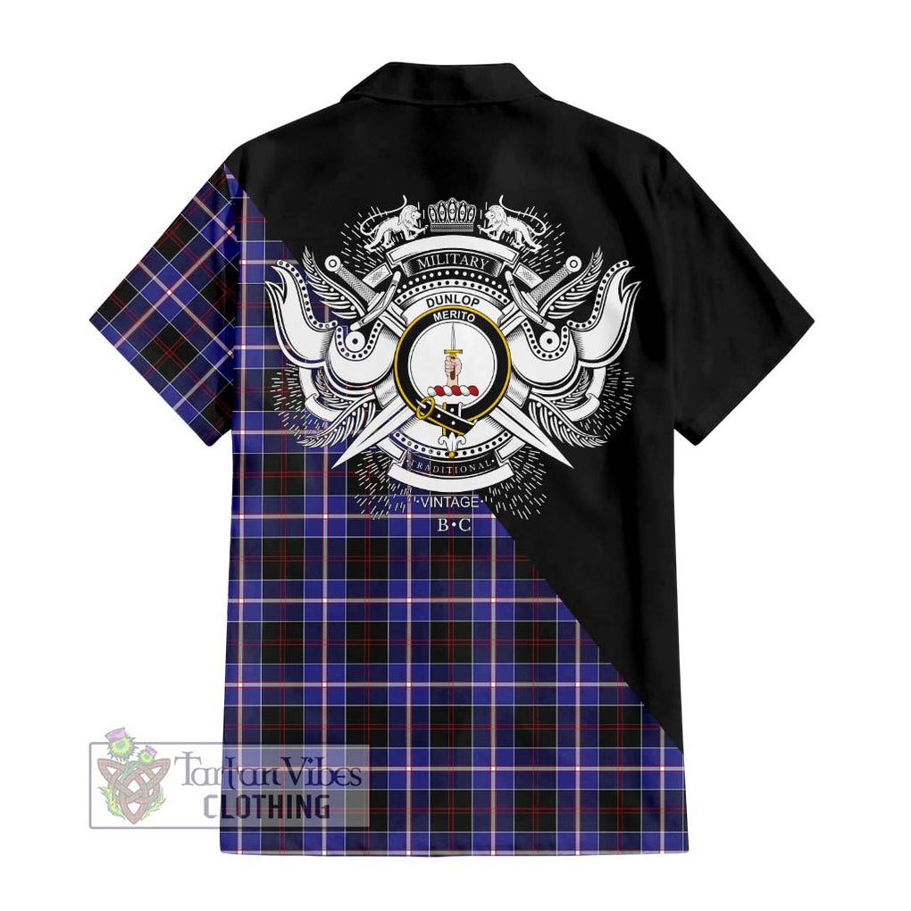 Dunlop Modern Tartan Short Sleeve Button Shirt with Family Crest and Military Logo Style - Tartanvibesclothing Shop