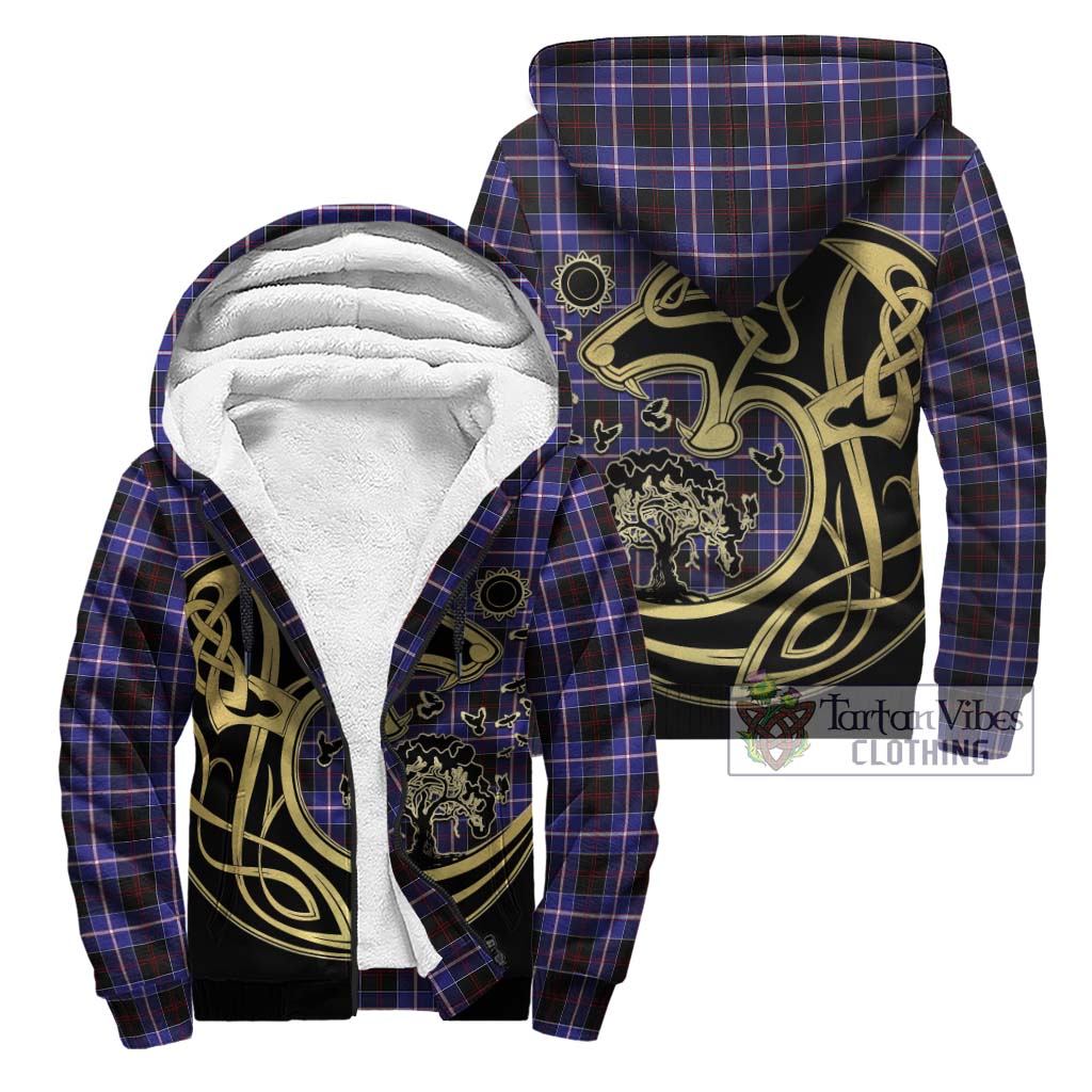 Tartan Vibes Clothing Dunlop Modern Tartan Sherpa Hoodie with Family Crest Celtic Wolf Style