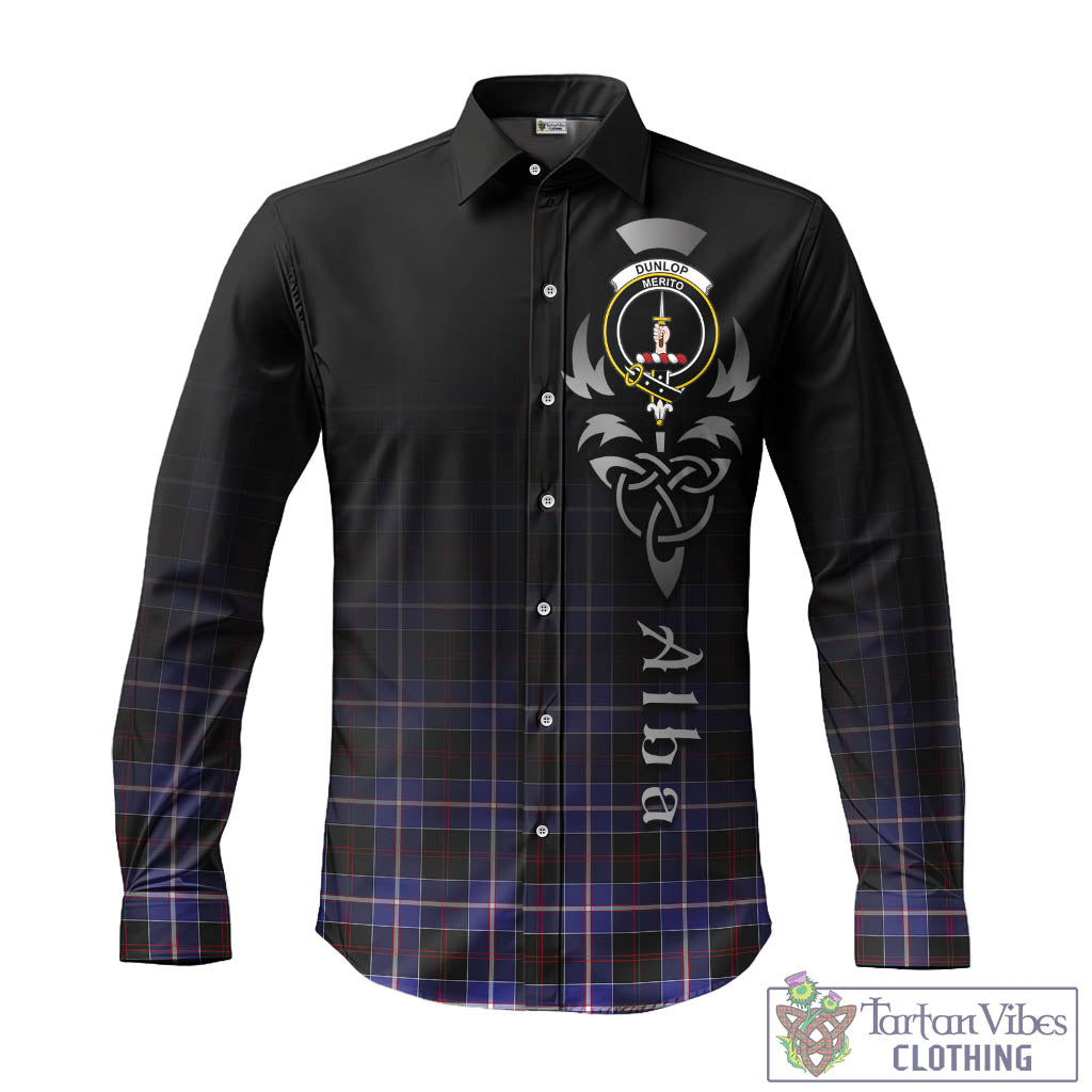 Tartan Vibes Clothing Dunlop Modern Tartan Long Sleeve Button Up Featuring Alba Gu Brath Family Crest Celtic Inspired