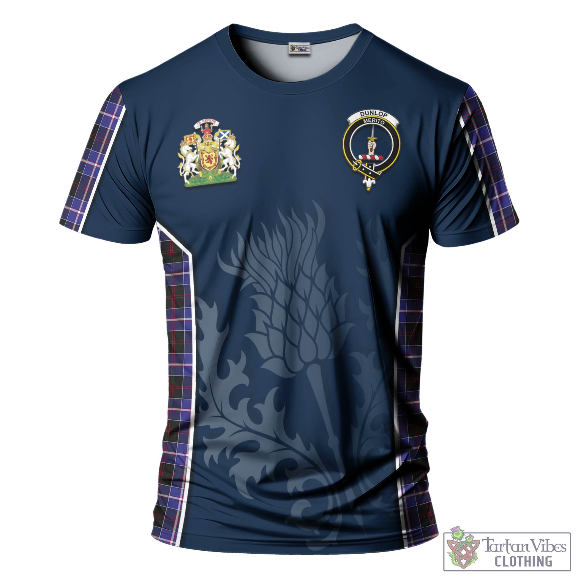 Tartan Vibes Clothing Dunlop Modern Tartan T-Shirt with Family Crest and Scottish Thistle Vibes Sport Style