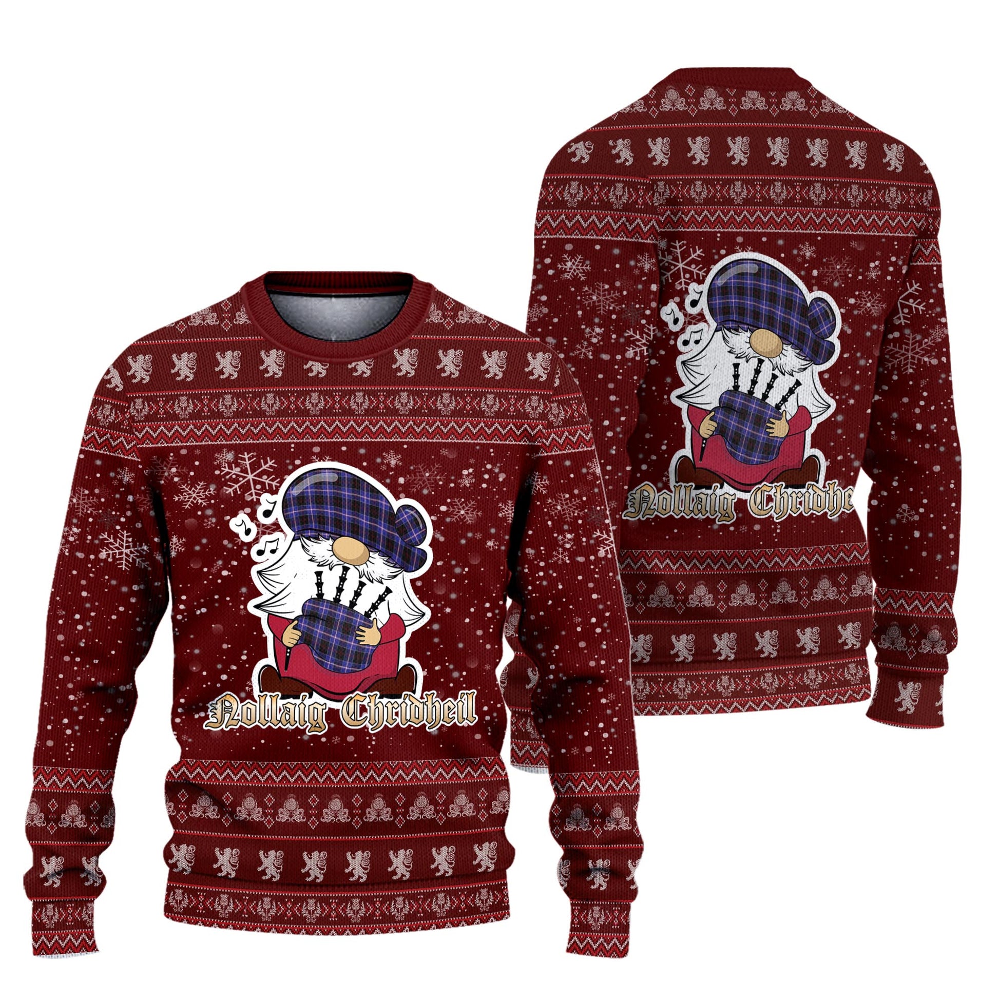 Dunlop Modern Clan Christmas Family Knitted Sweater with Funny Gnome Playing Bagpipes Unisex Red - Tartanvibesclothing