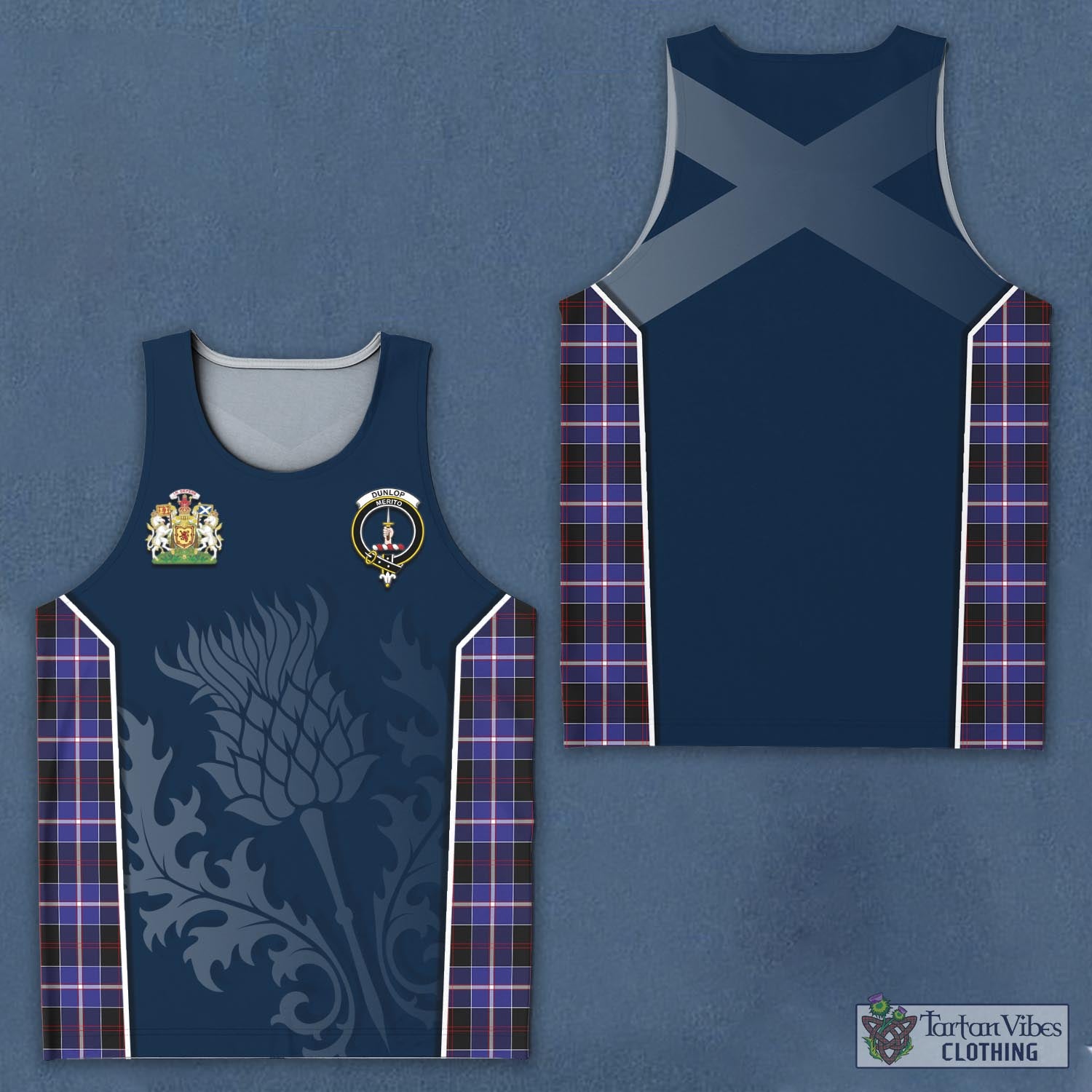 Tartan Vibes Clothing Dunlop Modern Tartan Men's Tanks Top with Family Crest and Scottish Thistle Vibes Sport Style