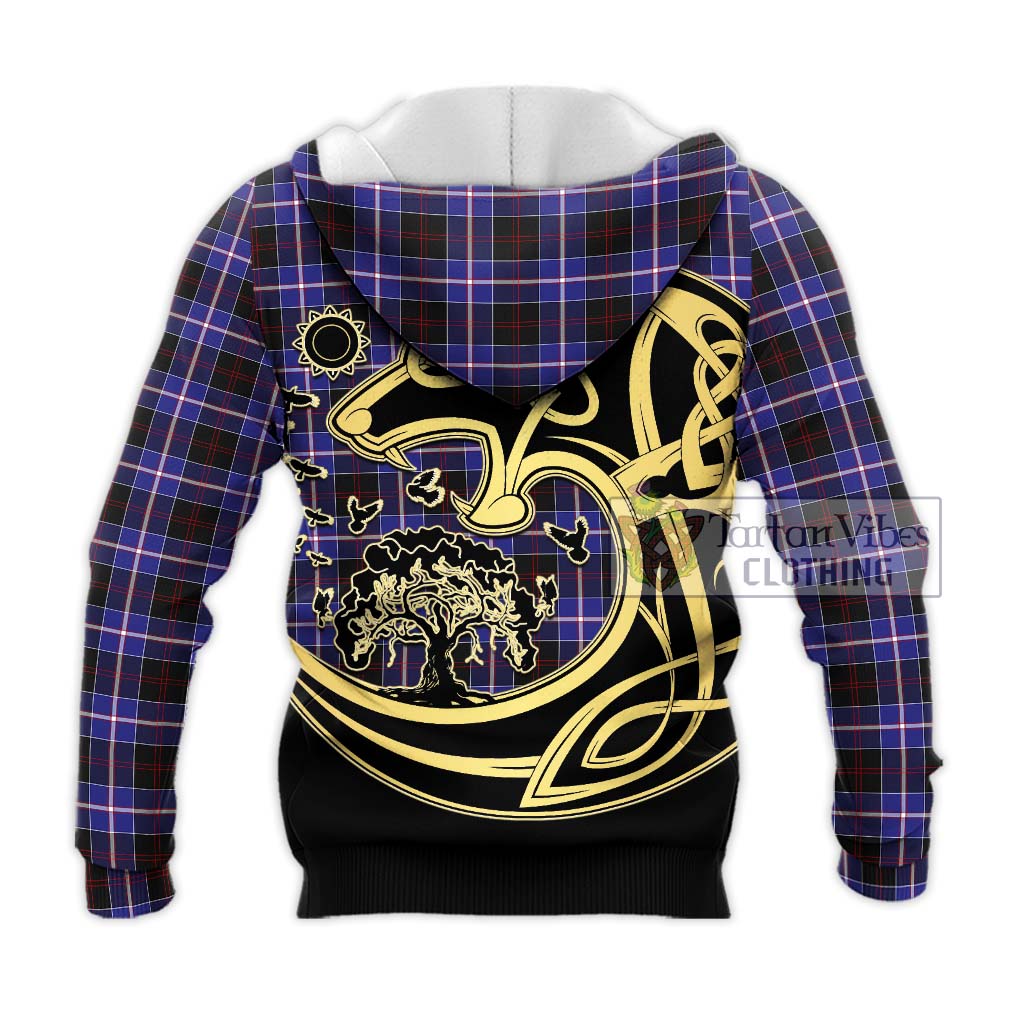 Tartan Vibes Clothing Dunlop Modern Tartan Knitted Hoodie with Family Crest Celtic Wolf Style