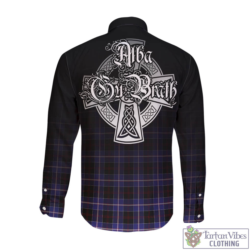 Tartan Vibes Clothing Dunlop Modern Tartan Long Sleeve Button Up Featuring Alba Gu Brath Family Crest Celtic Inspired