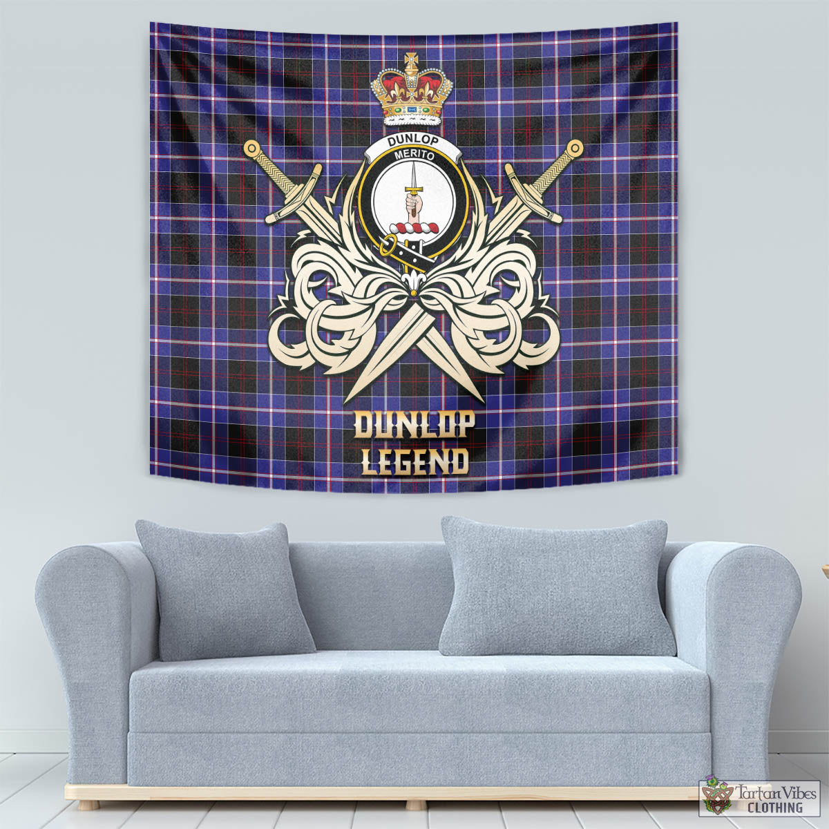 Tartan Vibes Clothing Dunlop Modern Tartan Tapestry with Clan Crest and the Golden Sword of Courageous Legacy