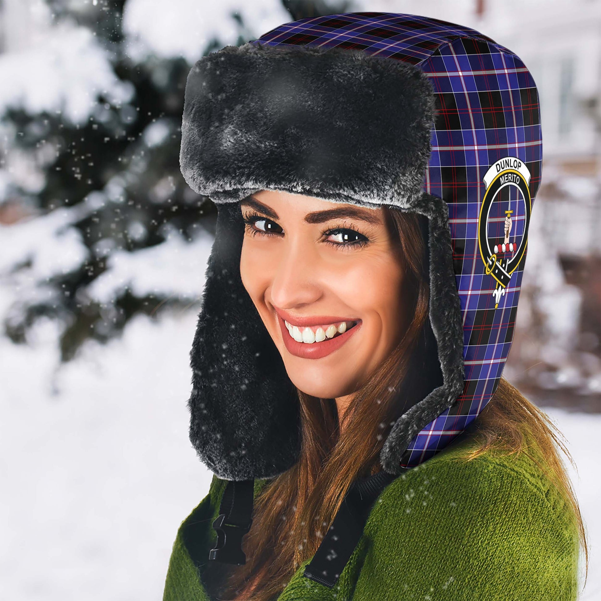Dunlop Modern Tartan Winter Trapper Hat with Family Crest - Tartanvibesclothing