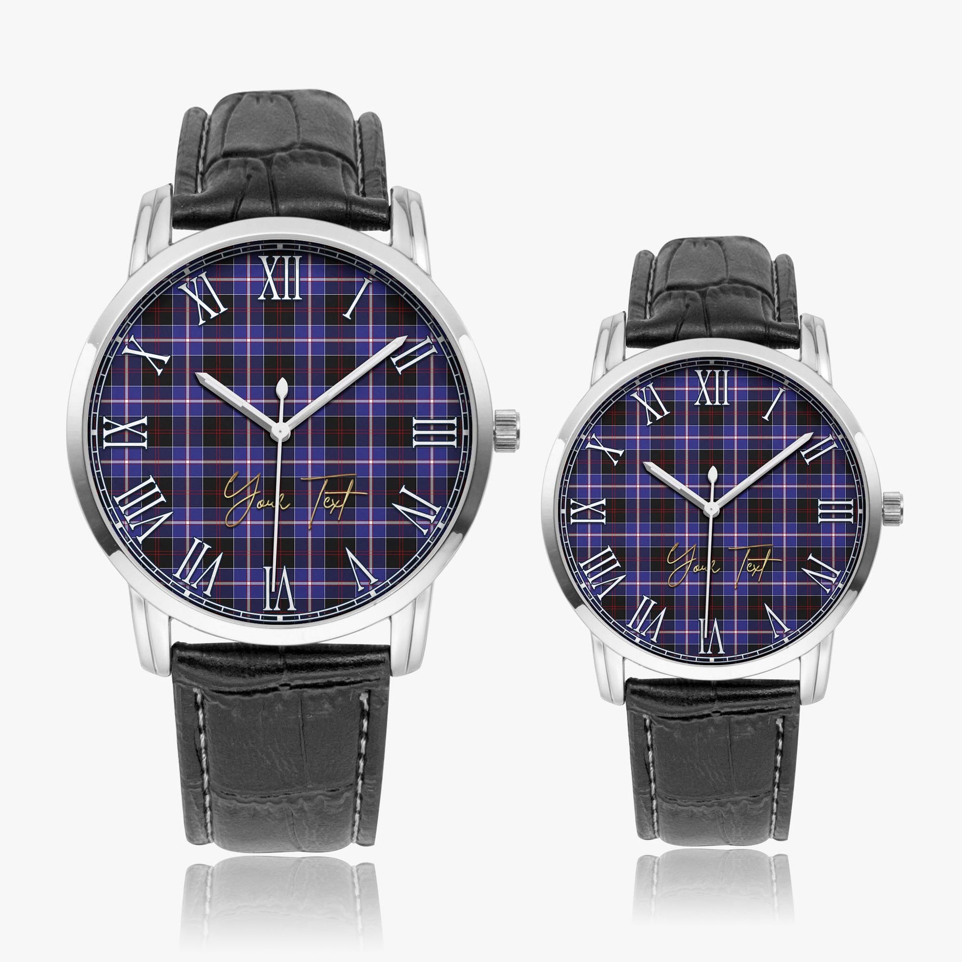 Dunlop Modern Tartan Personalized Your Text Leather Trap Quartz Watch Wide Type Silver Case With Black Leather Strap - Tartanvibesclothing