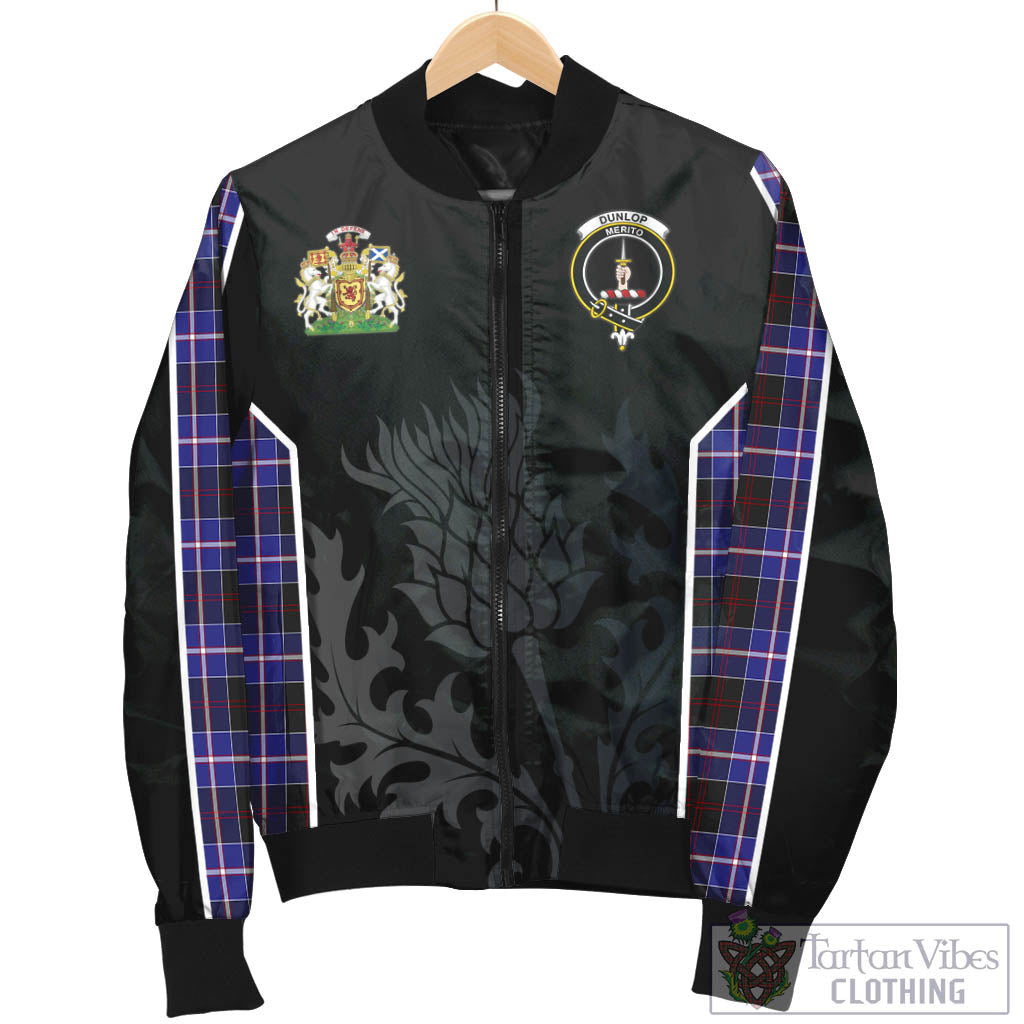 Tartan Vibes Clothing Dunlop Modern Tartan Bomber Jacket with Family Crest and Scottish Thistle Vibes Sport Style