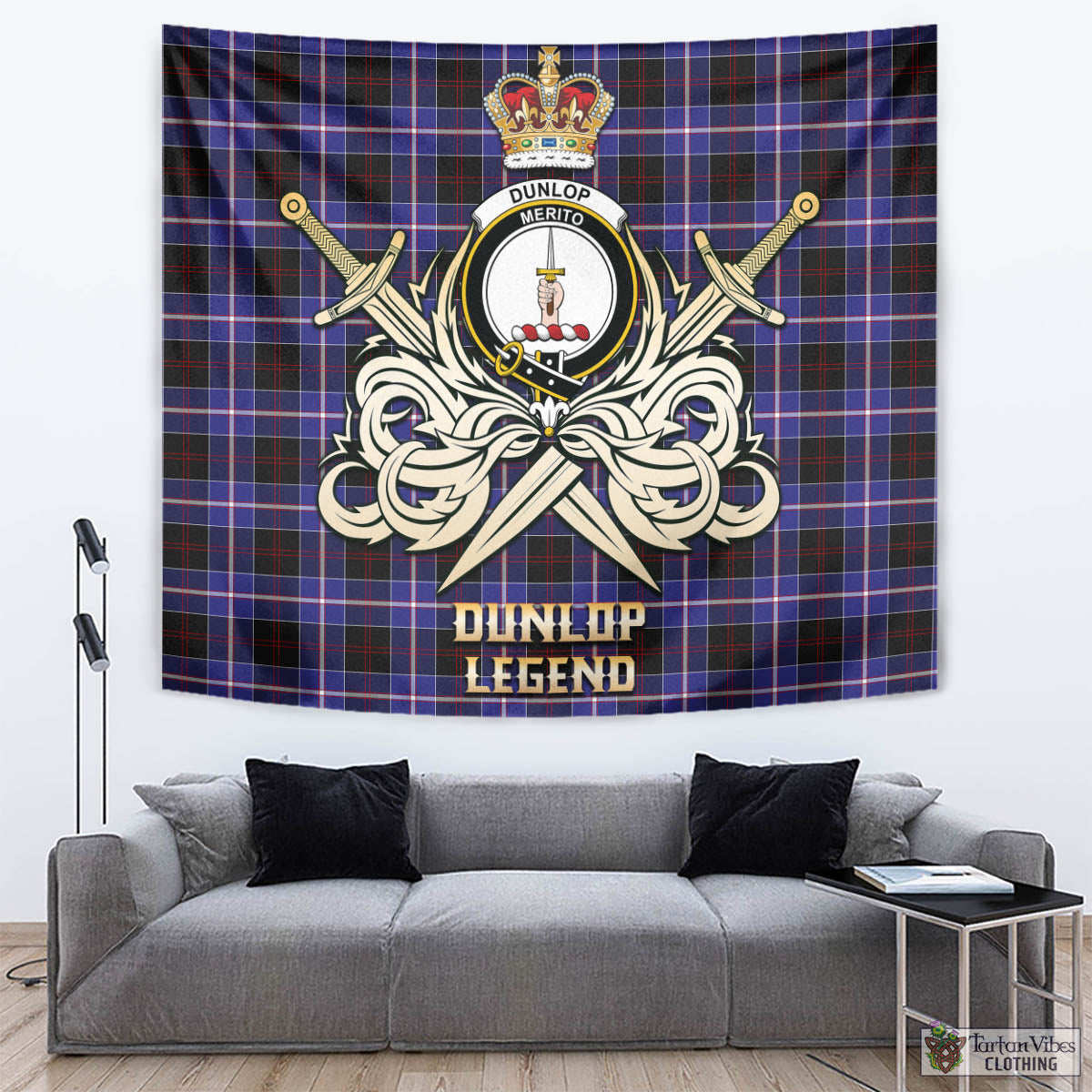 Tartan Vibes Clothing Dunlop Modern Tartan Tapestry with Clan Crest and the Golden Sword of Courageous Legacy