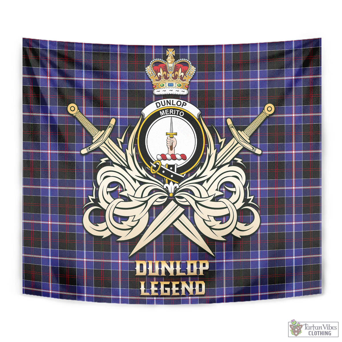 Tartan Vibes Clothing Dunlop Modern Tartan Tapestry with Clan Crest and the Golden Sword of Courageous Legacy