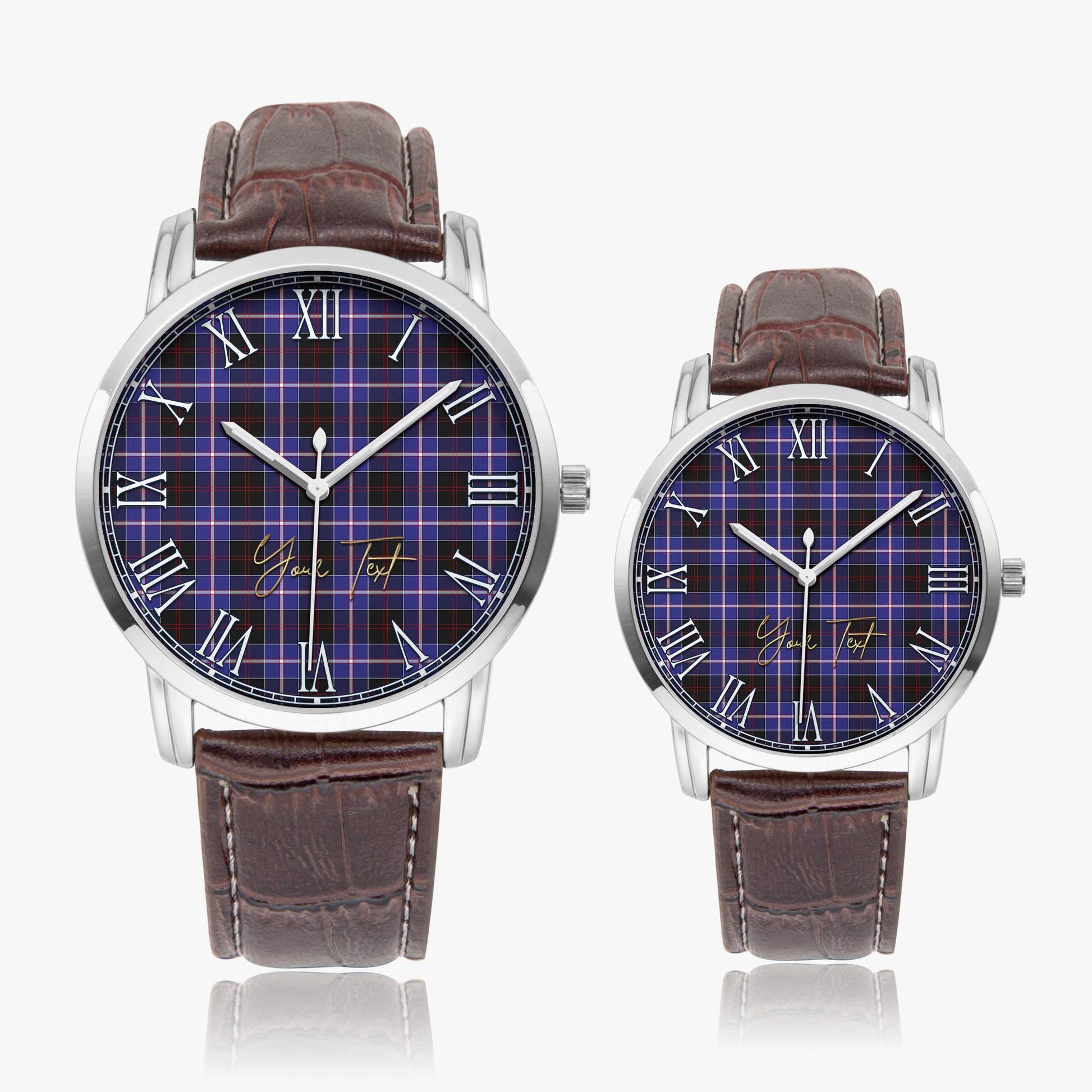 Dunlop Modern Tartan Personalized Your Text Leather Trap Quartz Watch Wide Type Silver Case With Brown Leather Strap - Tartanvibesclothing