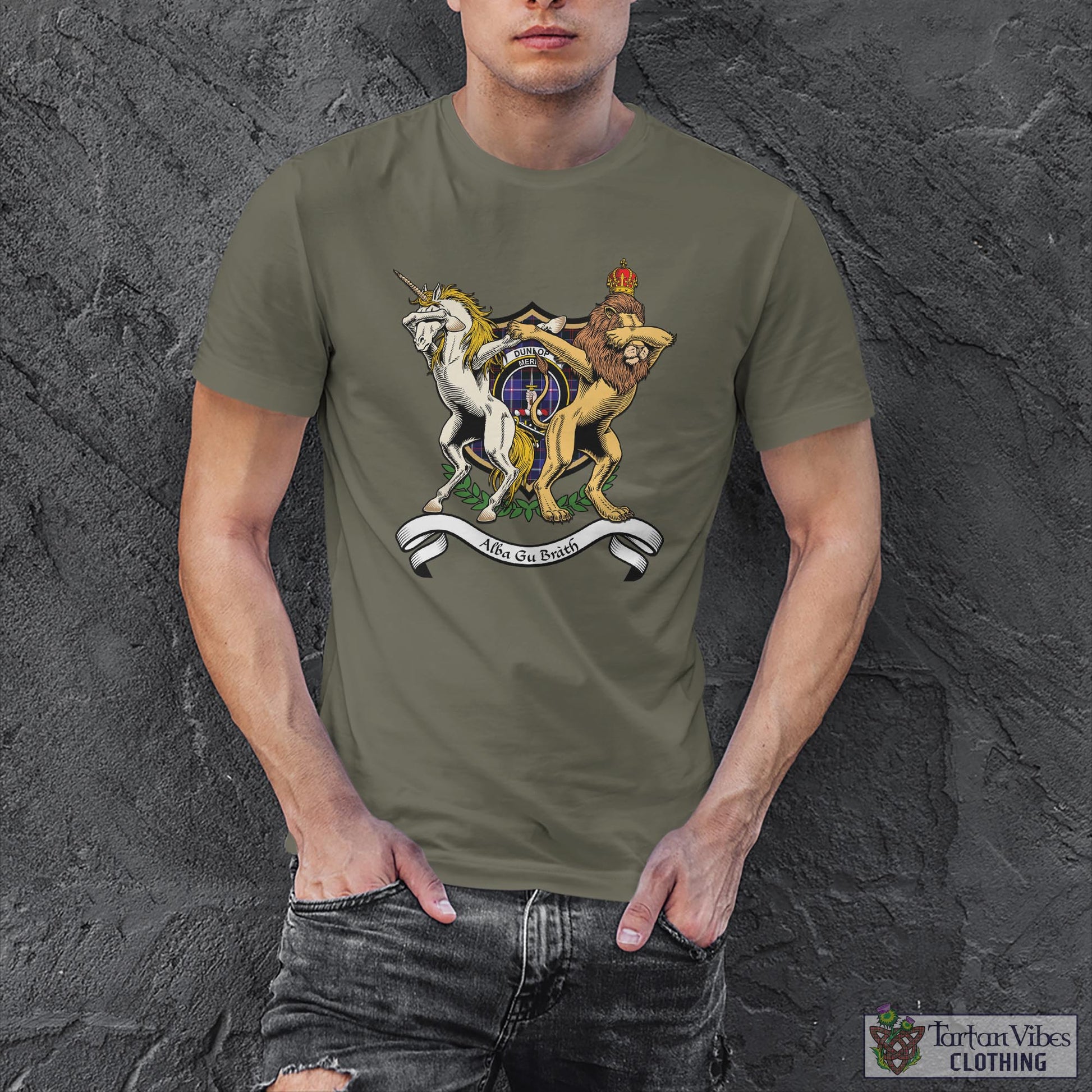 Tartan Vibes Clothing Dunlop Modern Family Crest Cotton Men's T-Shirt with Scotland Royal Coat Of Arm Funny Style