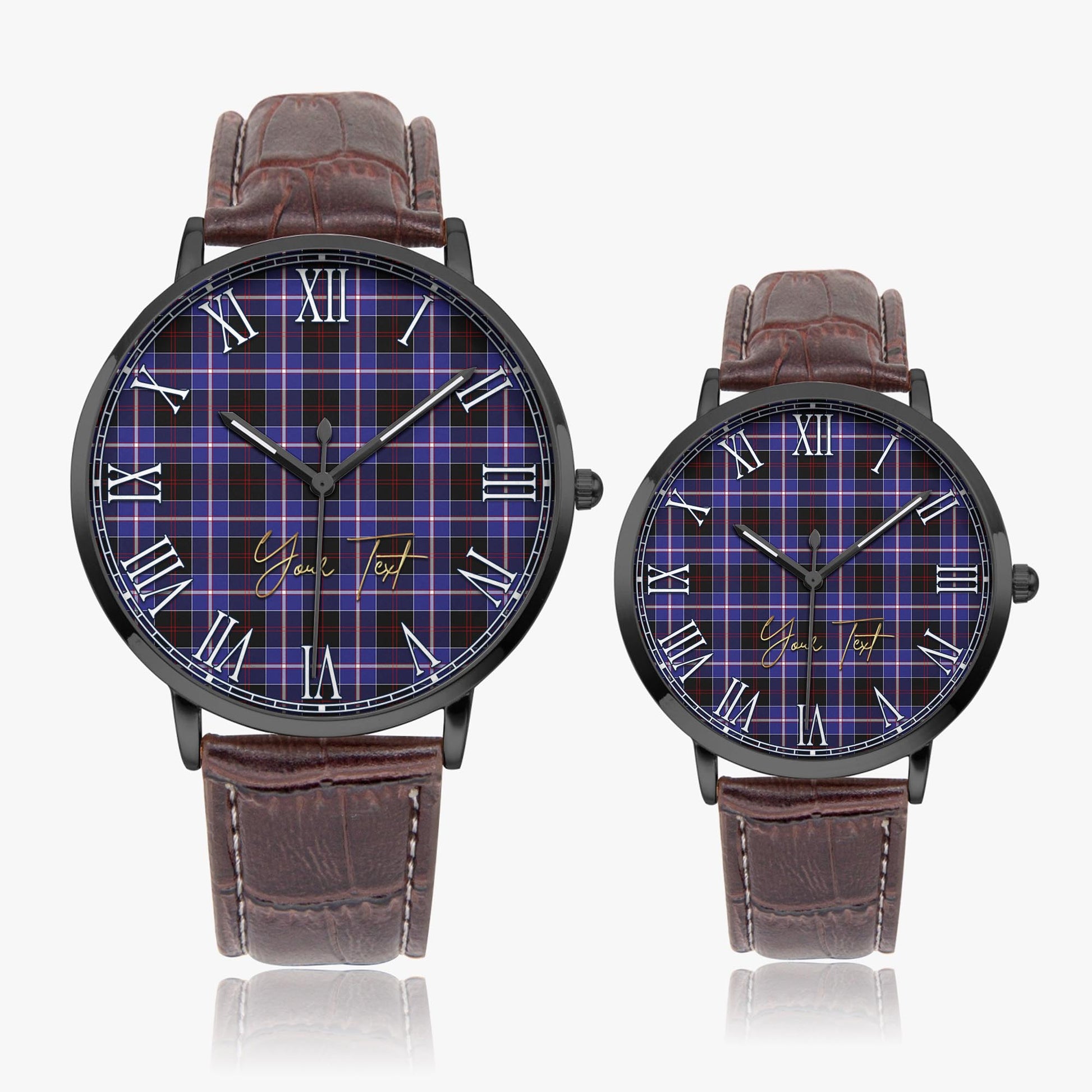 Dunlop Modern Tartan Personalized Your Text Leather Trap Quartz Watch Ultra Thin Black Case With Brown Leather Strap - Tartanvibesclothing