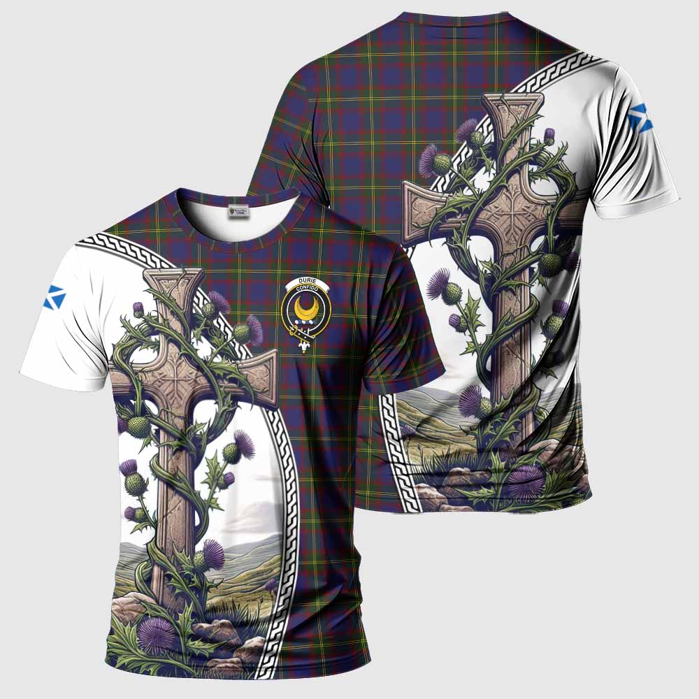 Tartan Vibes Clothing Durie Agnew Tartan T-Shirt with Family Crest and St. Andrew's Cross Accented by Thistle Vines