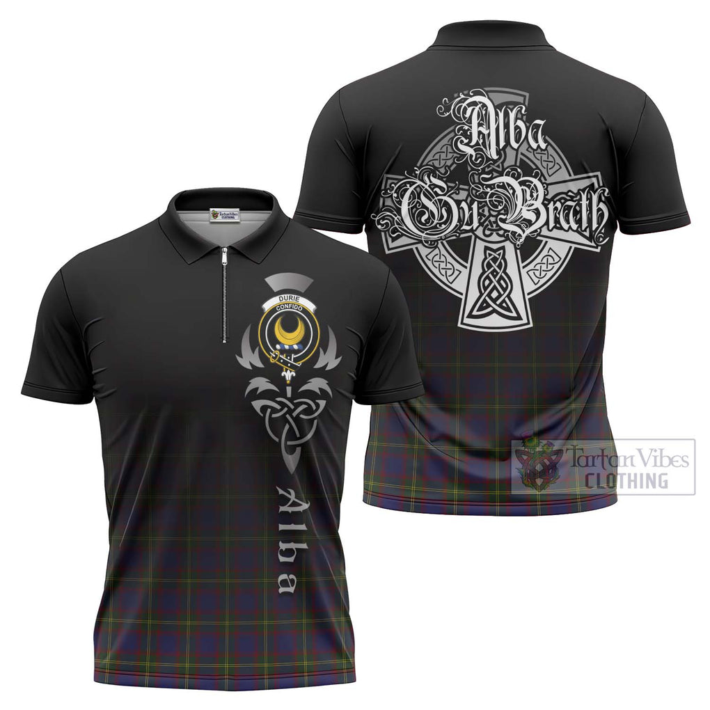 Tartan Vibes Clothing Durie Tartan Zipper Polo Shirt Featuring Alba Gu Brath Family Crest Celtic Inspired