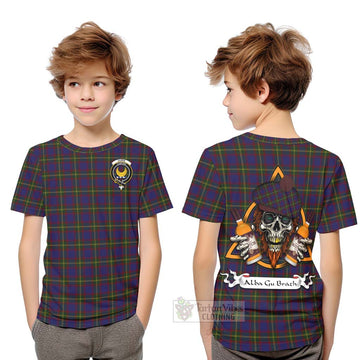 Durie Tartan Kid T-Shirt with Family Crest and Bearded Skull Holding Bottles of Whiskey