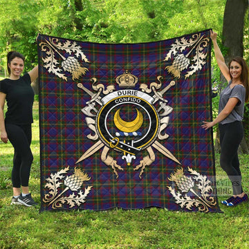 Durie Tartan Quilt with Family Crest and Scottish Golden Courage Shield