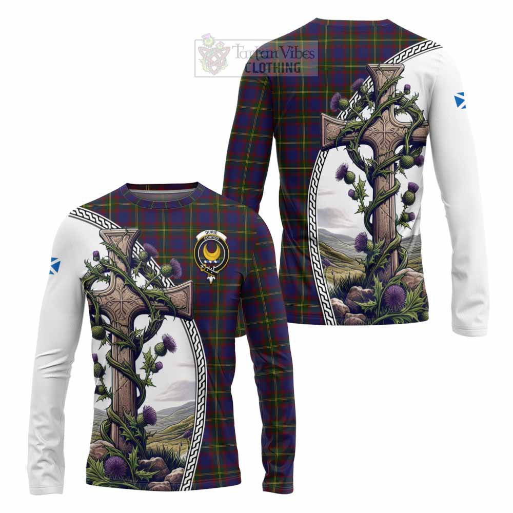 Tartan Vibes Clothing Durie Tartan Long Sleeve T-Shirt with Family Crest and St. Andrew's Cross Accented by Thistle Vines