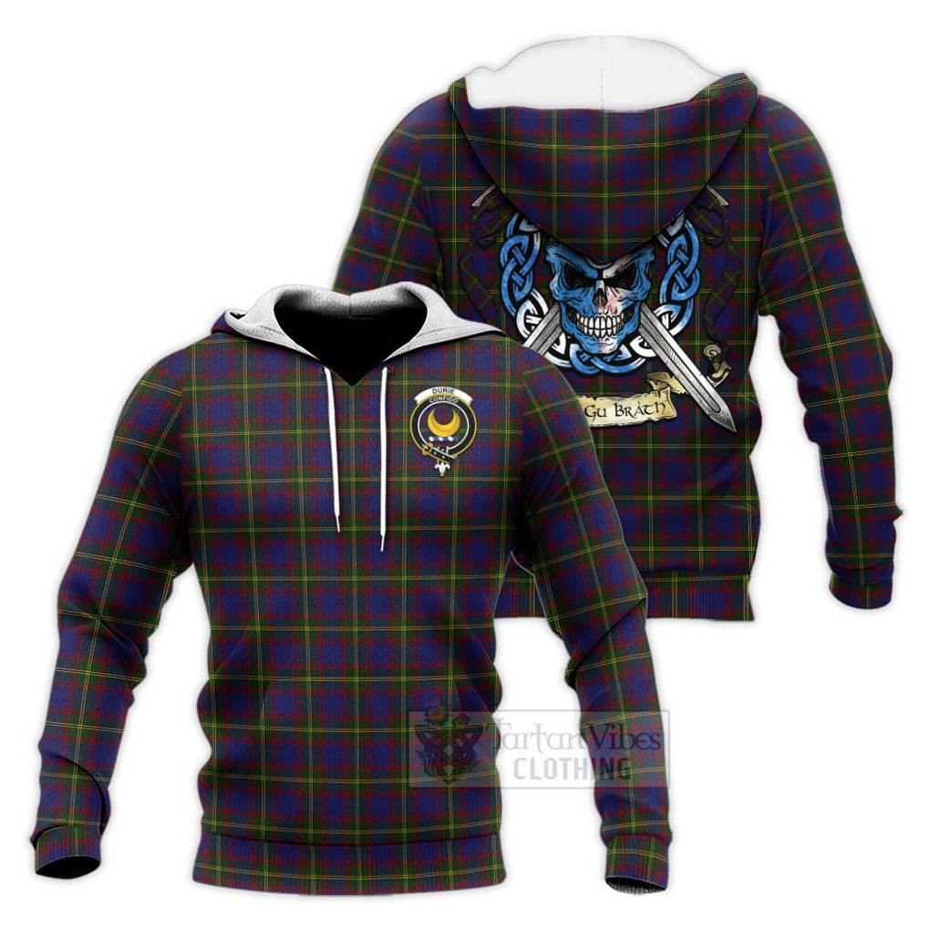 Tartan Vibes Clothing Durie Tartan Knitted Hoodie with Family Crest Celtic Skull Style