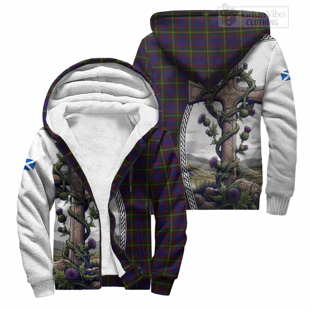 Tartan Vibes Clothing Durie Tartan Sherpa Hoodie with Family Crest and St. Andrew's Cross Accented by Thistle Vines