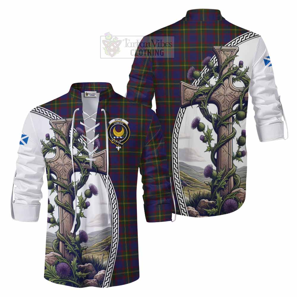 Tartan Vibes Clothing Durie Tartan Ghillie Kilt Shirt with Family Crest and St. Andrew's Cross Accented by Thistle Vines